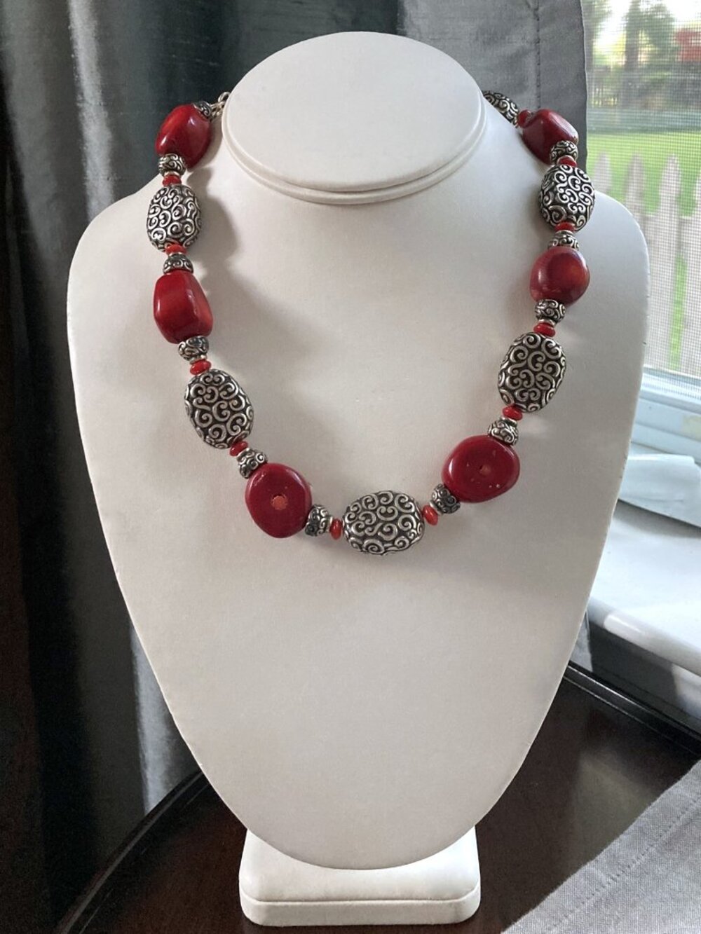 Brighton FULL MOON RISING Necklace, Silver Plate, Red Bamboo Coral Beads, Chunky